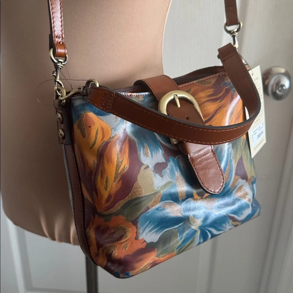 Patricia Nash Irving Bucket Handbag Leather Disstressed  Marigold Harvest Floral